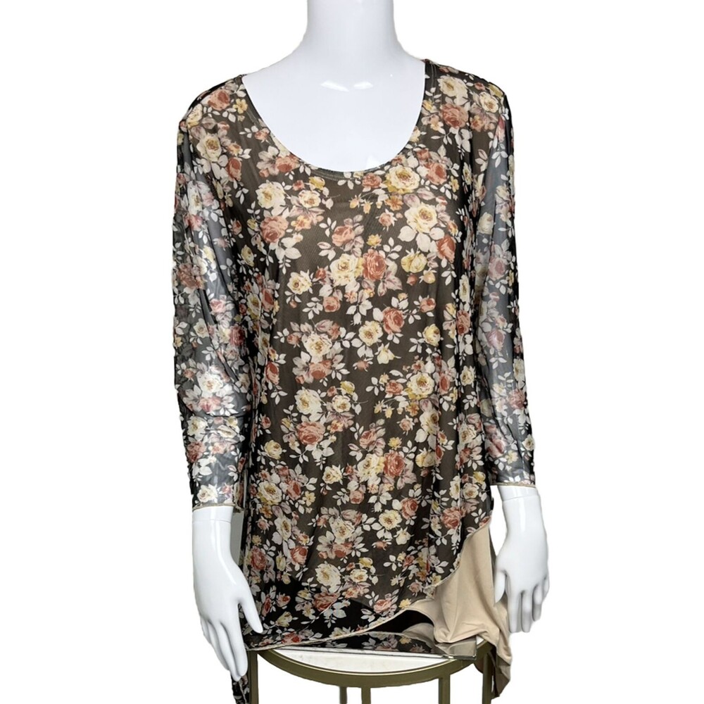 Cover‎ Charge Top Tunic Blouse Asymmetrical Sheer Floral Made in USA Women 1 XL